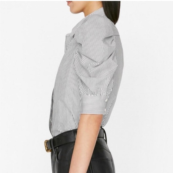 FRAME DENIM Ruched Puff Sleeve Shirt Blouse White with Black Stripes - Picture 4 of 12